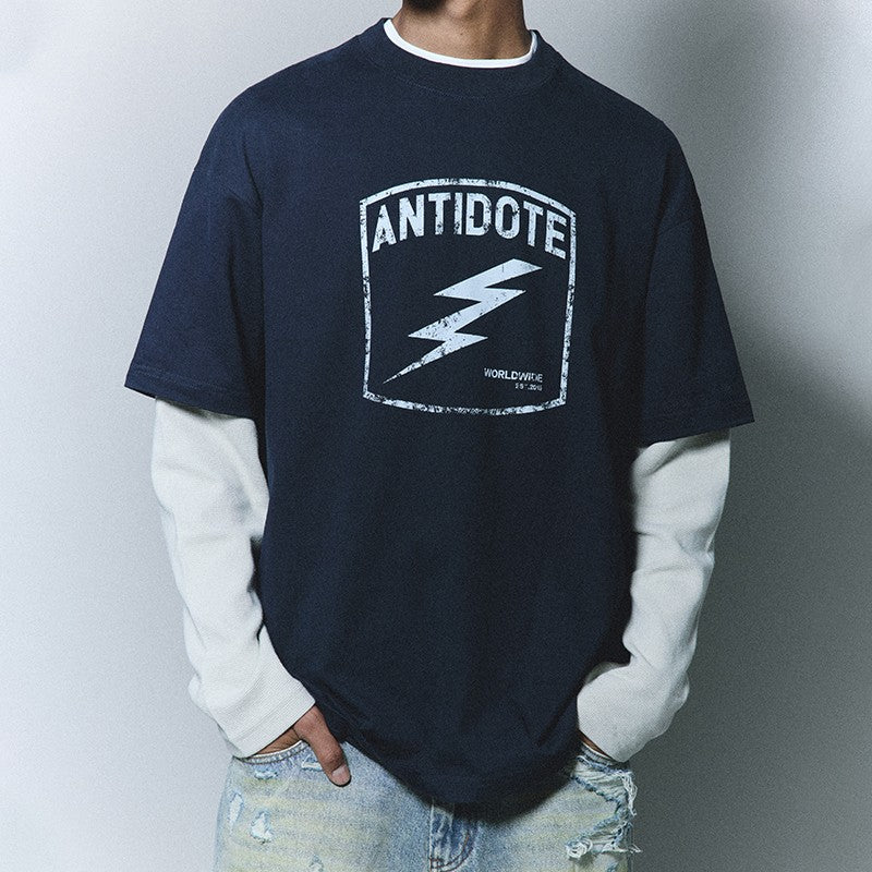 ANTIDOTE fake two-piece long-sleeved T-shirt men's crack lightning print retro loose waffle color matching top