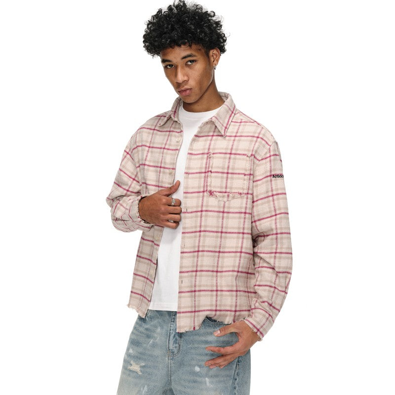 ANTIDOTE destroyed edge plaid shirt spring and autumn retro contrast color long sleeve plaid casual loose shirt men