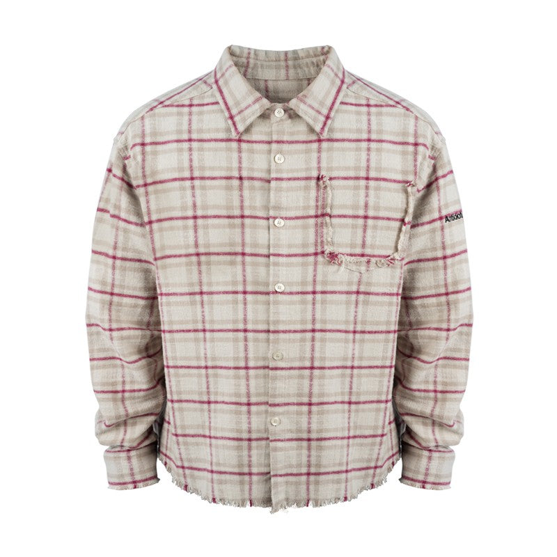 ANTIDOTE destroyed edge plaid shirt spring and autumn retro contrast color long sleeve plaid casual loose shirt men