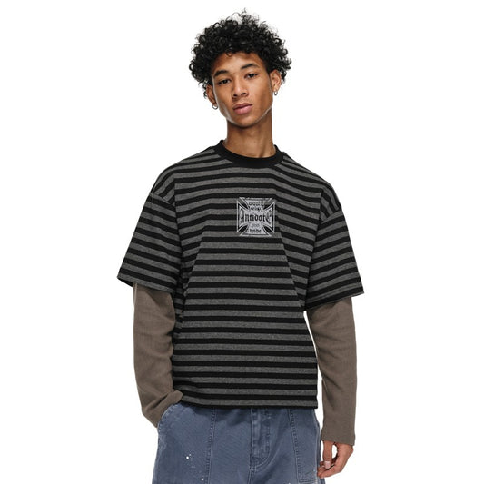 ANTIDOTE cross slogan fake two-piece striped patchwork T-shirt men's long-sleeved retro loose casual tops