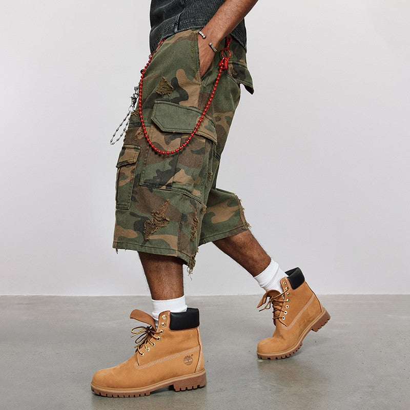 ANTIDOTE destroyed camouflage stone washed old cropped trousers American ripped overalls loose wide-leg shorts