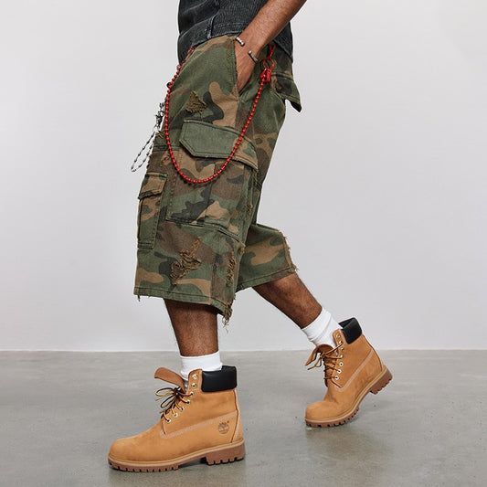 ANTIDOTE destroyed camouflage stone washed old cropped trousers American ripped overalls loose wide-leg shorts