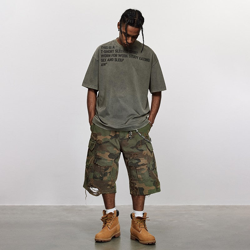 ANTIDOTE destroyed camouflage stone washed old cropped trousers American ripped overalls loose wide-leg shorts