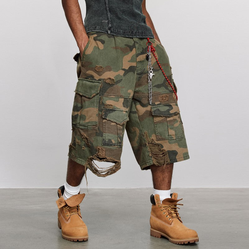 ANTIDOTE destroyed camouflage stone washed old cropped trousers American ripped overalls loose wide-leg shorts