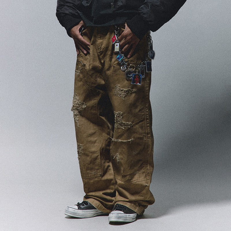 ANTIDOTE American Khaki Wasteland Logging Pants Men's Spray-Dirty Hole Overalls Riveted Stitching Wide-Leg Pants