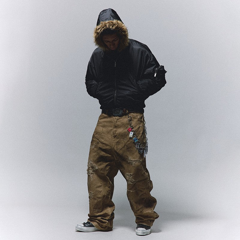 ANTIDOTE American Khaki Wasteland Logging Pants Men's Spray-Dirty Hole Overalls Riveted Stitching Wide-Leg Pants