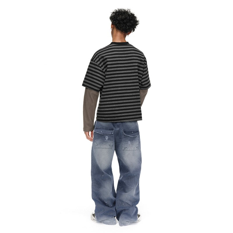 ANTIDOTE destroyed denim blue patch retro ink French work pants loose wide-leg monkey straight overalls men