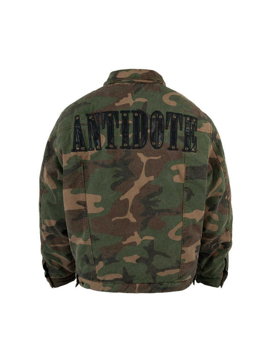 ANTIDOTE camouflage patch leather hit the rivet cotton jacket men's autumn and winter short thick American style national trend casual lapel jacket