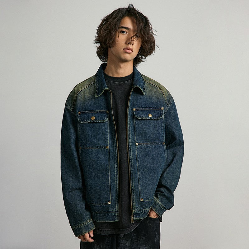 ANTIDOTE washed faded rivet denim jacket American street retro distressed spring and autumn tops coat for men and women