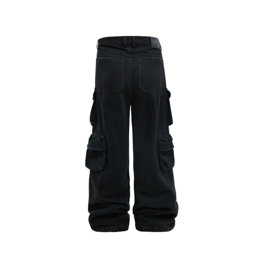 ANTIDOTE Black Cow Fermentation Washed Multi-Pocket Overalls Loose Damaged Straight Pants National Trend American Casual Pants