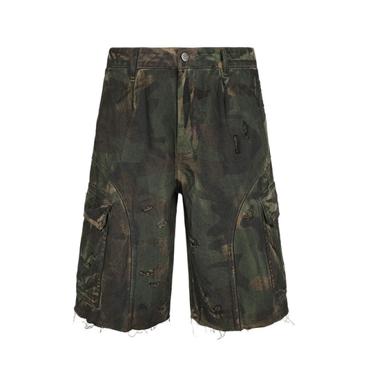 ANTIDOTE camouflage spray-stained hole shorts men's American wide-leg mid-length pants design loose straight shorts