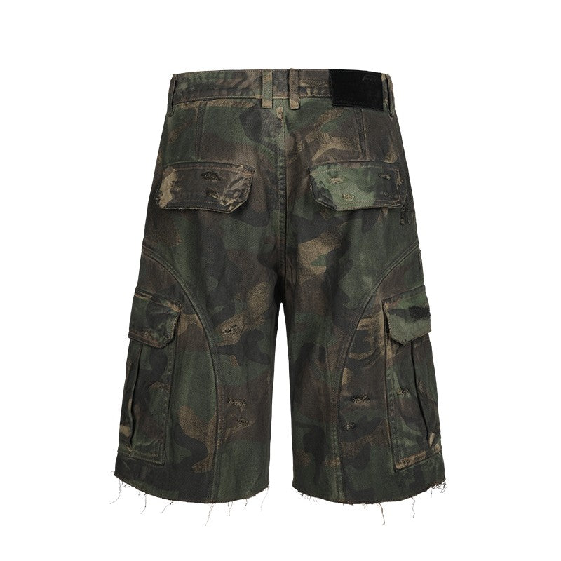 ANTIDOTE camouflage spray-stained hole shorts men's American wide-leg mid-length pants design loose straight shorts