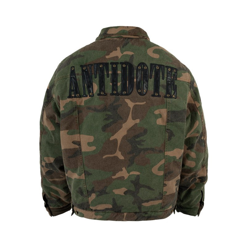 ANTIDOTE camouflage patch leather hit the rivet cotton jacket men's autumn and winter short thick American style national trend casual lapel jacket