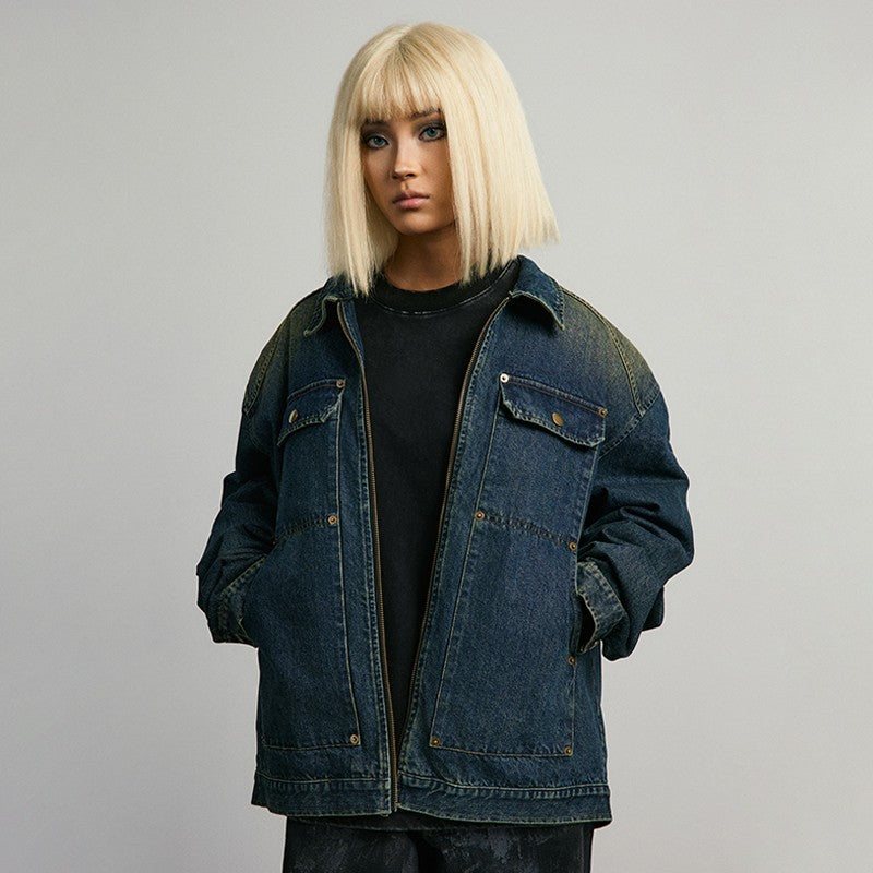 ANTIDOTE washed faded rivet denim jacket American street retro distressed spring and autumn tops coat for men and women