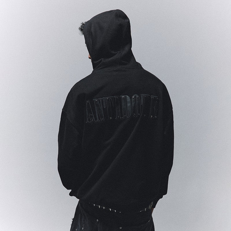 ANTIDOTE black leather embroidered sweatshirt men's autumn and winter heavyweight American trendy brand casual loose hooded jacket