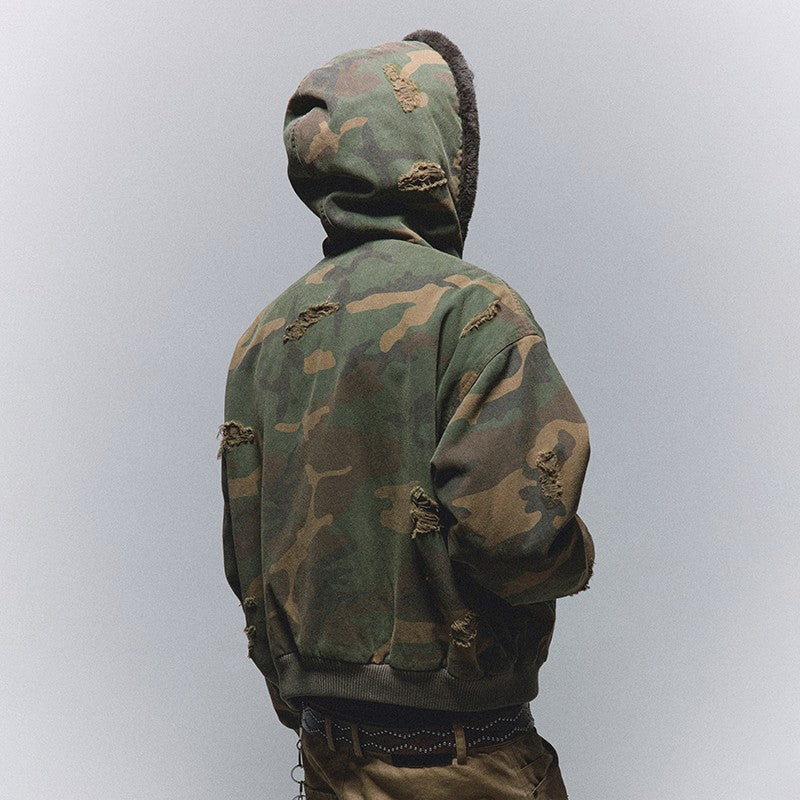 ANTIDOTE American style destruction tooling tactical ripped thickened imitation rabbit fur hooded camouflage mountain carving jacket