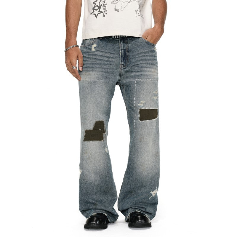 (New product, 50% off for the second piece) Washed monkey retro patch jeans men's cleanfit retro straight pants