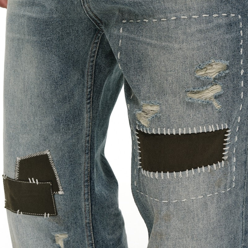 (New product, 50% off for the second piece) Washed monkey retro patch jeans men's cleanfit retro straight pants