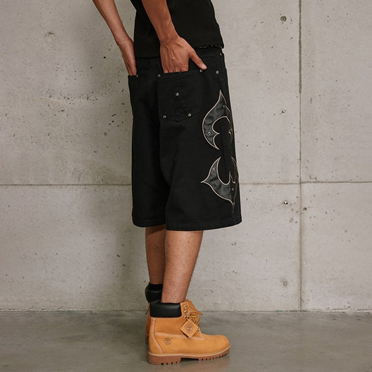 ANTIDOTE Leather Embroidery Stitched Over-the-Knee Cropped Jeans American Street Straight Shorts Casual Pants Men