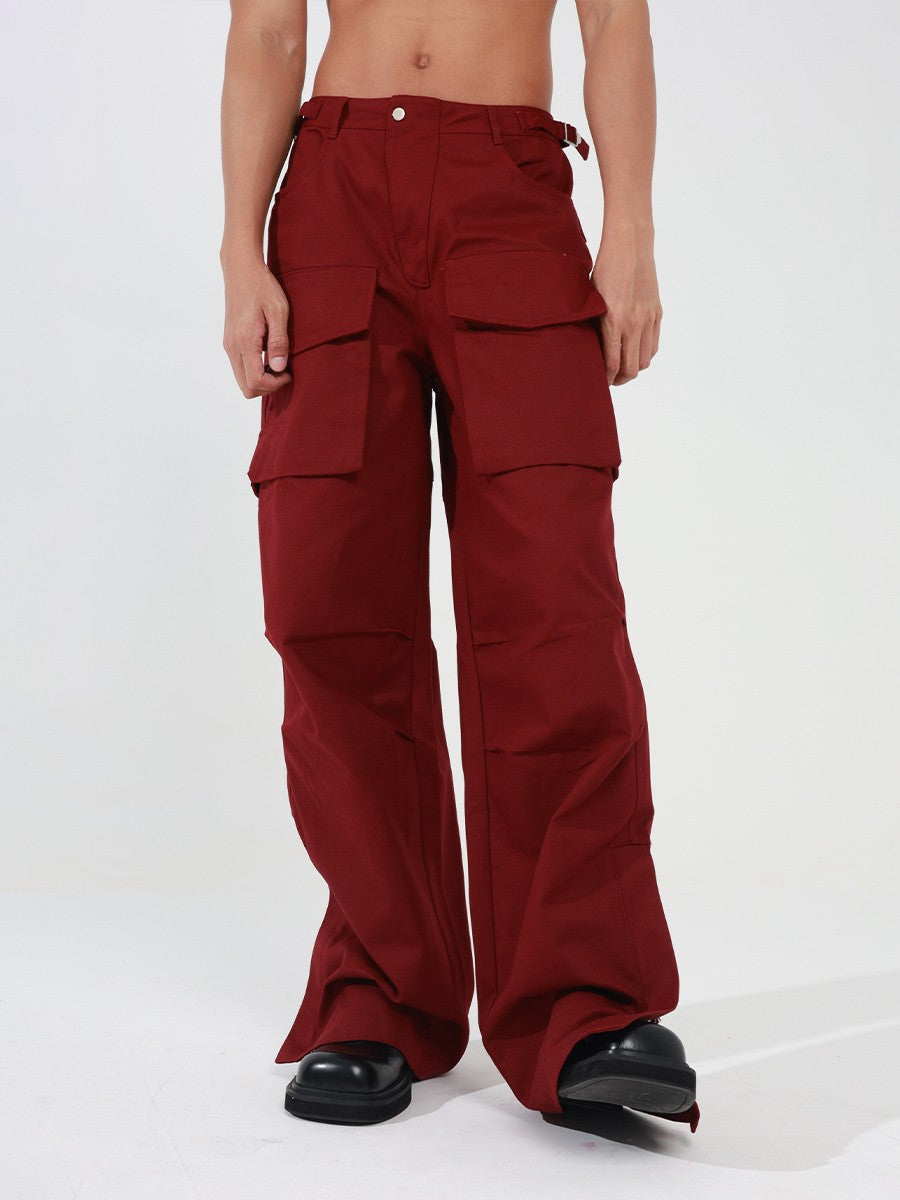 CLP red multi-pocket waist buckle trouser leg zipper slit overalls casual pants men's loose straight wide-leg flared