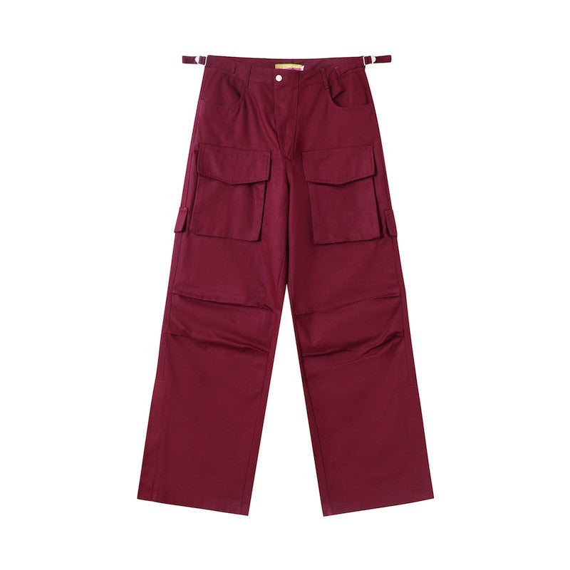 CLP red multi-pocket waist buckle trouser leg zipper slit overalls casual pants men's loose straight wide-leg flared