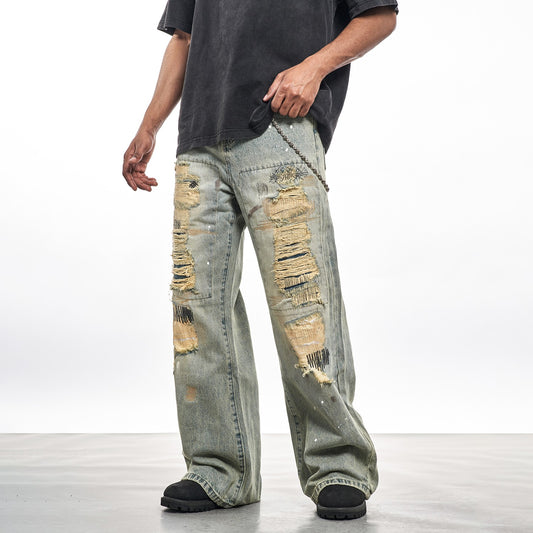 MT99 Street Yellow Mud Washed Niche Destruction Embroidery Dirty Dyed Jeans Men's Loose Casual Straight Trousers Trendy Brand