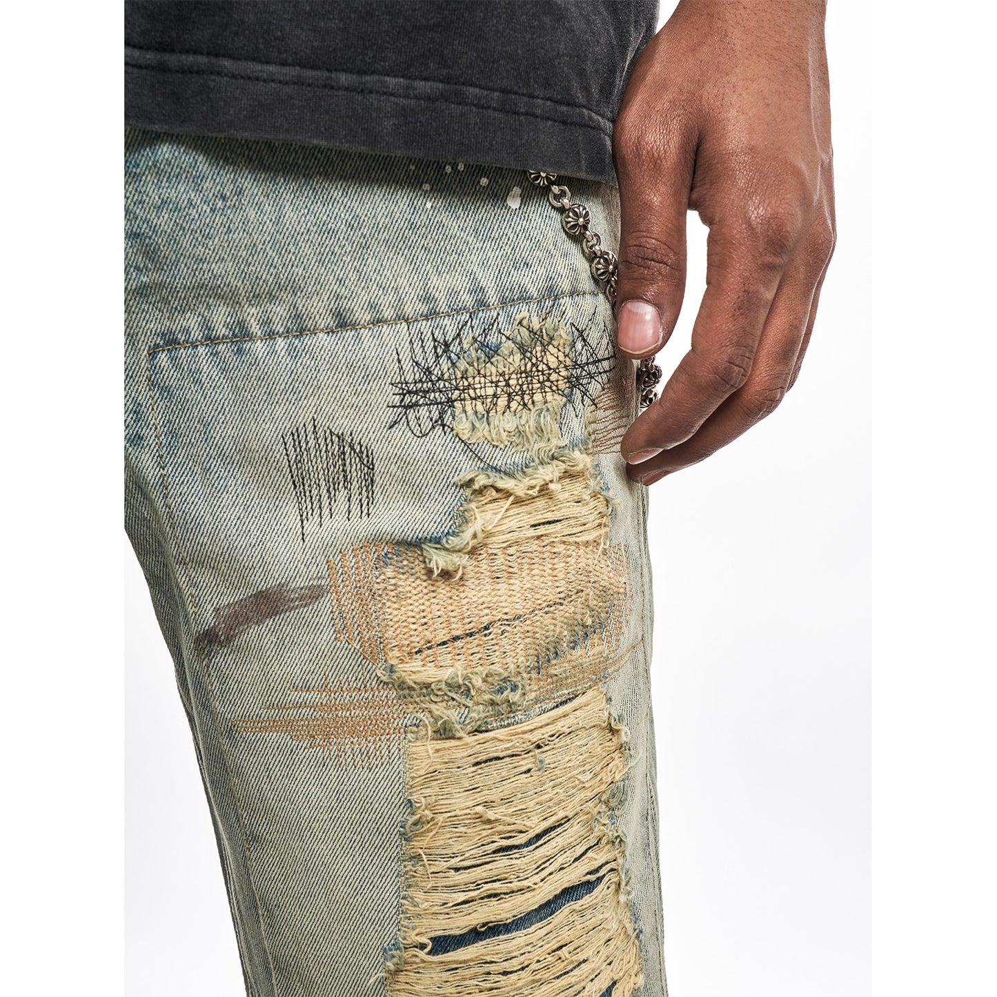 MT99 Street Yellow Mud Washed Niche Destruction Embroidery Dirty Dyed Jeans Men's Loose Casual Straight Trousers Trendy Brand