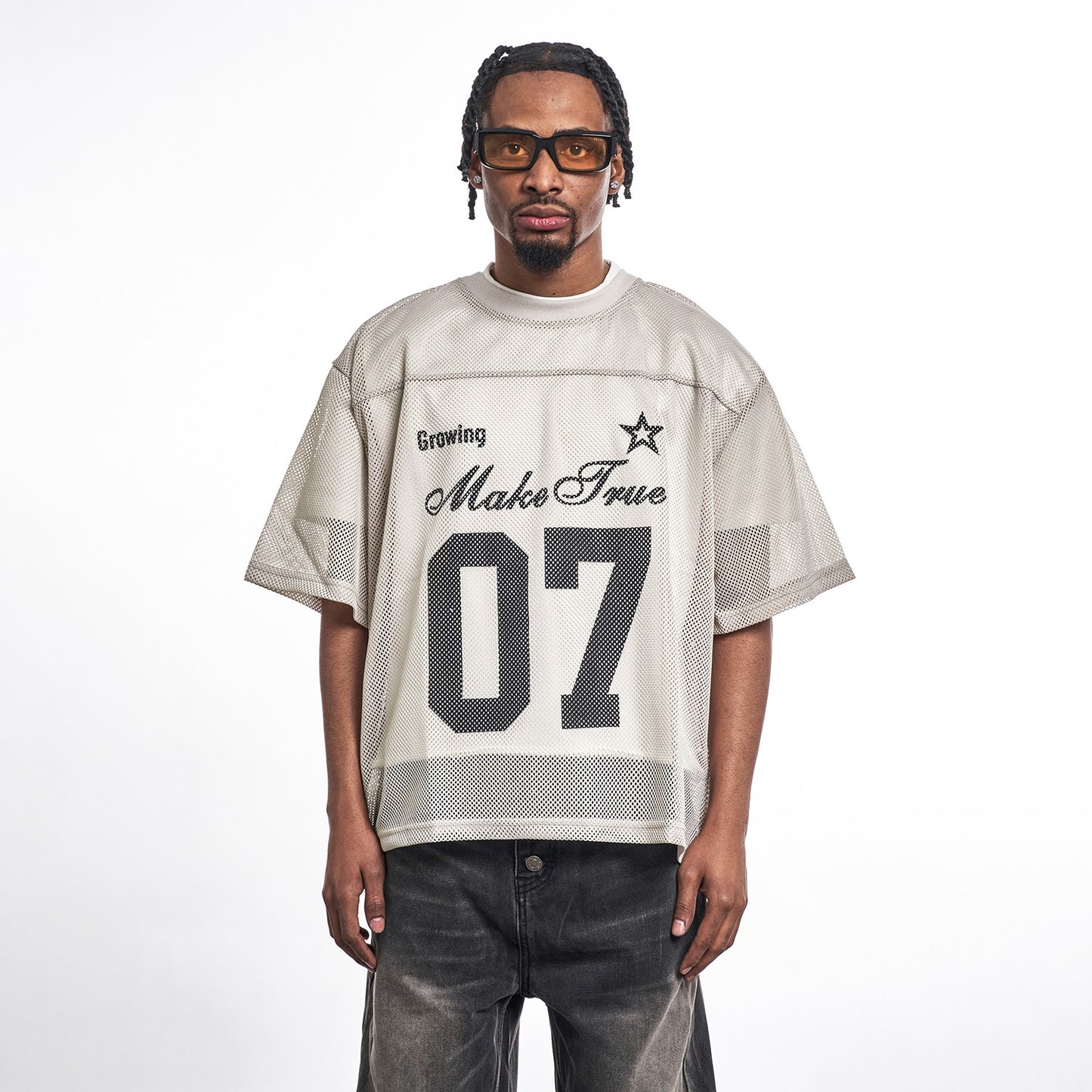 MT99 American &quot;Fashion Hollow&quot; Letter Loose Grid Printed T-shirt Sports Jersey Outerwear Drop Shoulder T-shirt