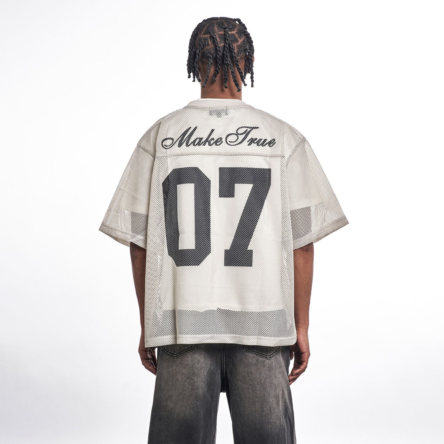 MT99 American &quot;Fashion Hollow&quot; Letter Loose Grid Printed T-shirt Sports Jersey Outerwear Drop Shoulder T-shirt