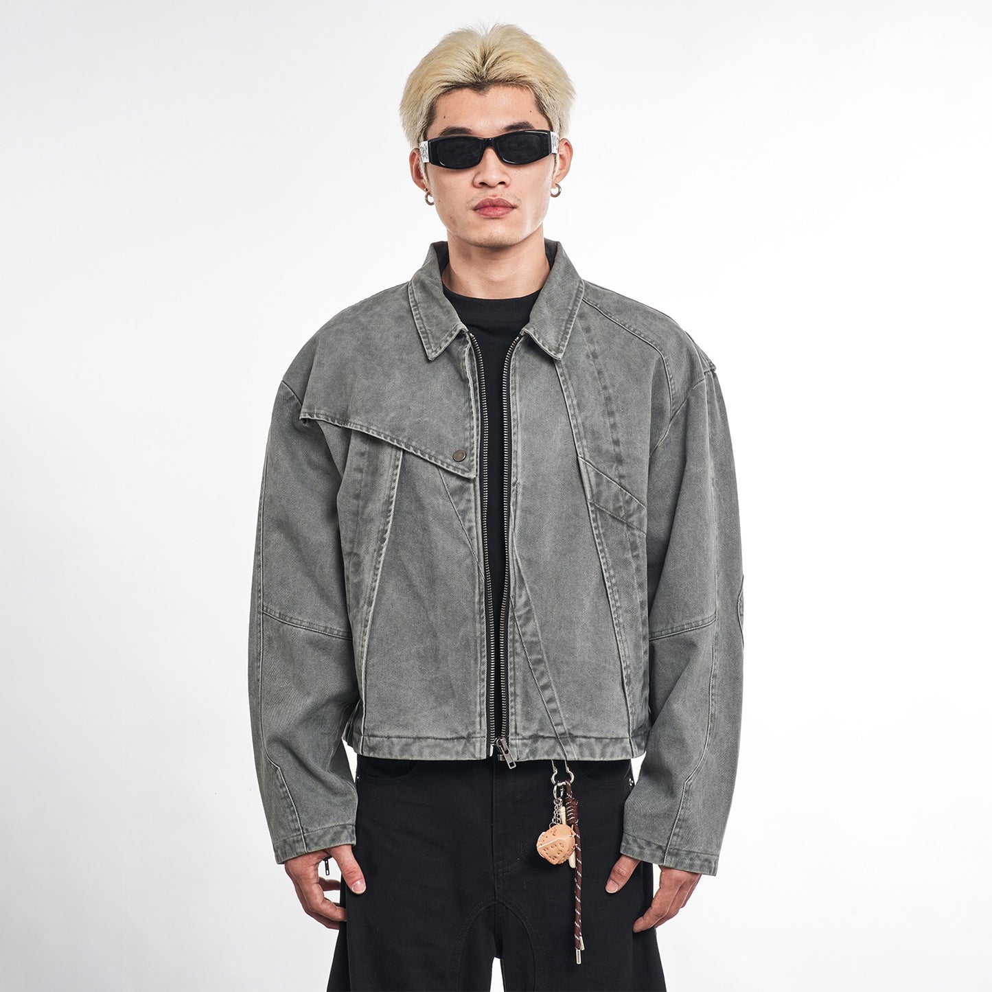 MT99 deconstruction design &quot;stitching geometry&quot; jacket lapel denim jacket high-end washed distressed top for men