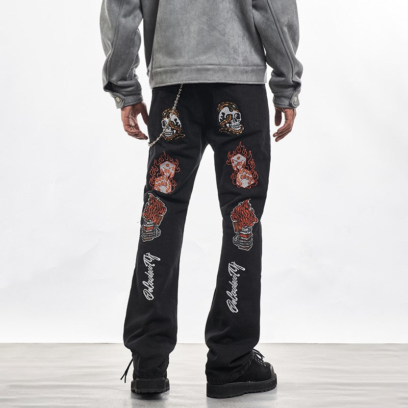 MT99 high street flame skull embroidered jeans men's trendy brand handsome retro street trousers American flared pants