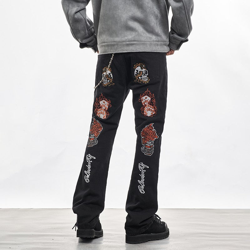 MT99 high street flame skull embroidered jeans men's trendy brand handsome retro street trousers American flared pants