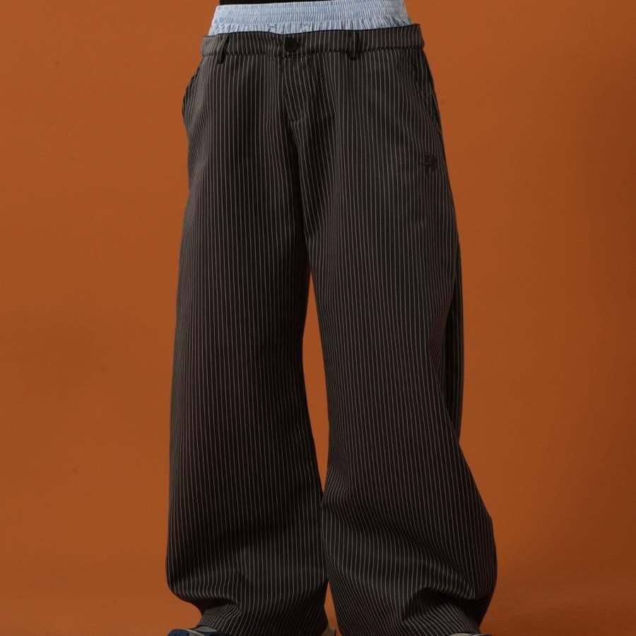 CLP black striped khaki double waist elastic waist loose casual pants trousers men's straight wide leg drape trend