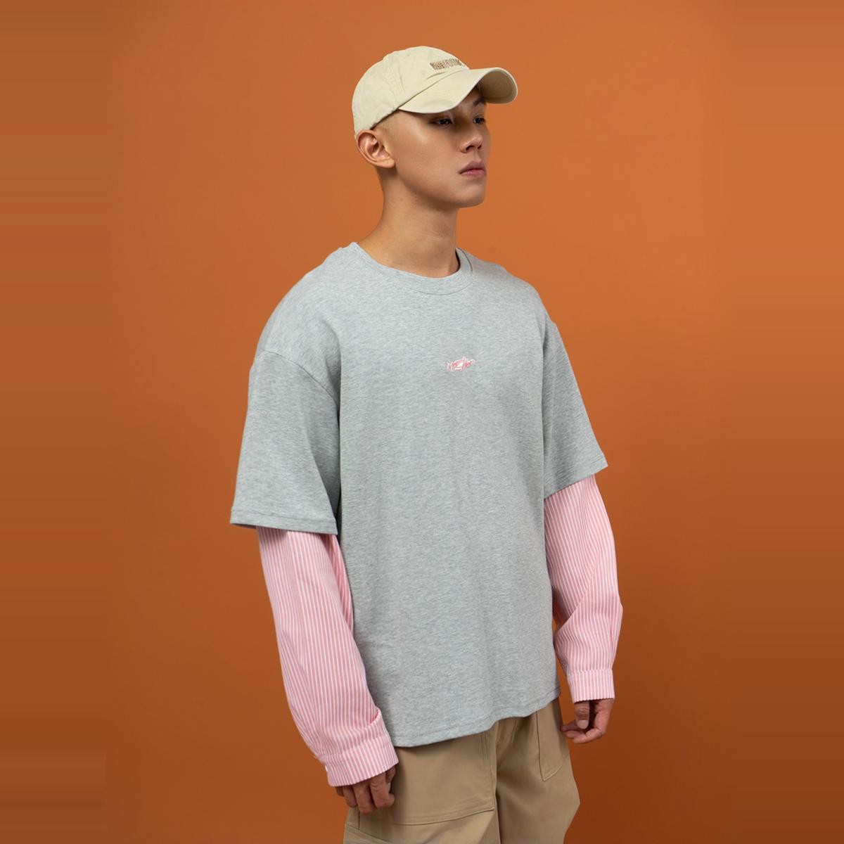 CLP gray fake two-piece pink striped long-sleeved T-shirt sweatshirt men and women loose layered round neck casual top trend