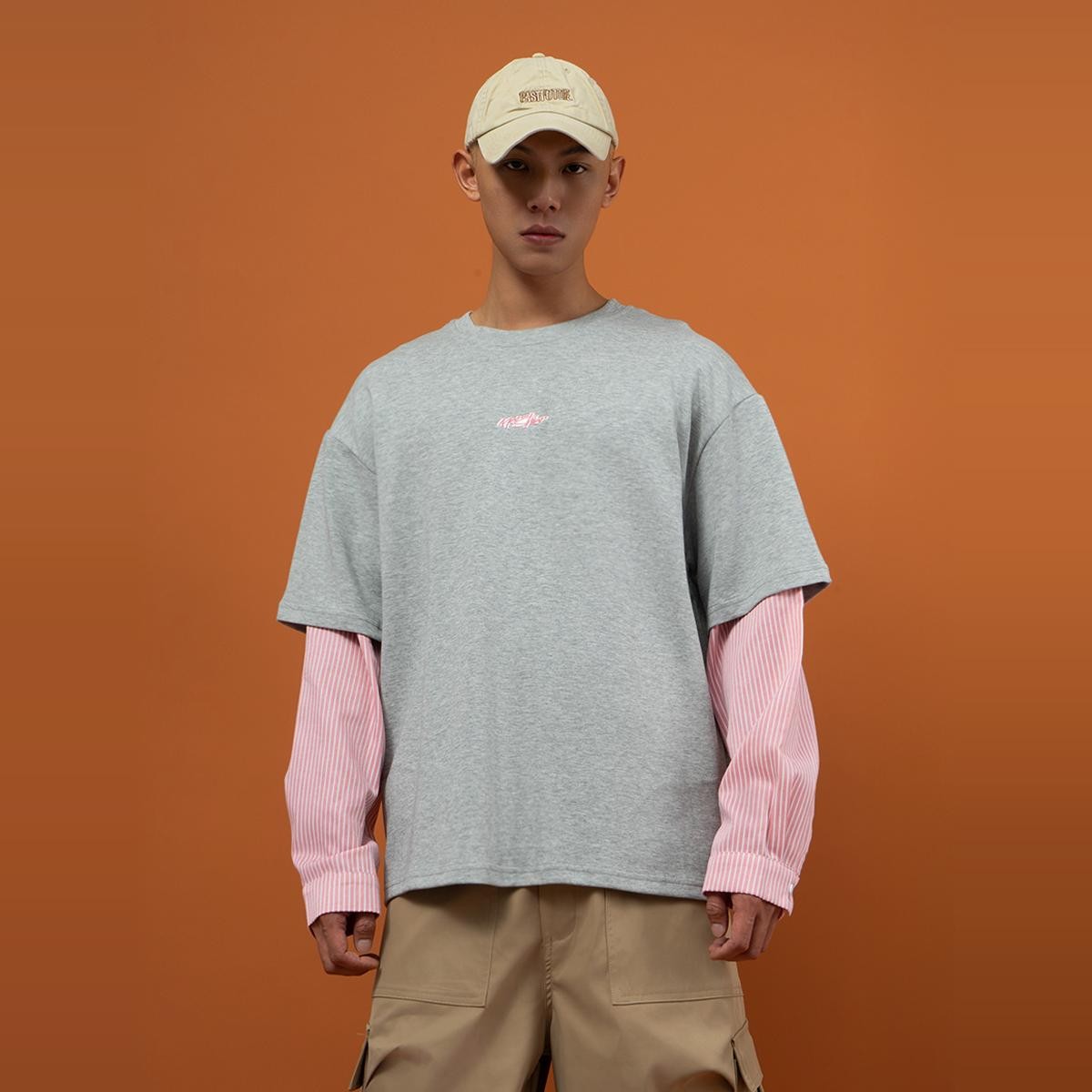 CLP gray fake two-piece pink striped long-sleeved T-shirt sweatshirt men and women loose layered round neck casual top trend