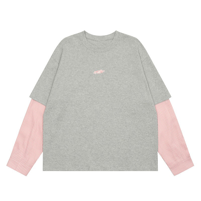 CLP gray fake two-piece pink striped long-sleeved T-shirt sweatshirt men and women loose layered round neck casual top trend