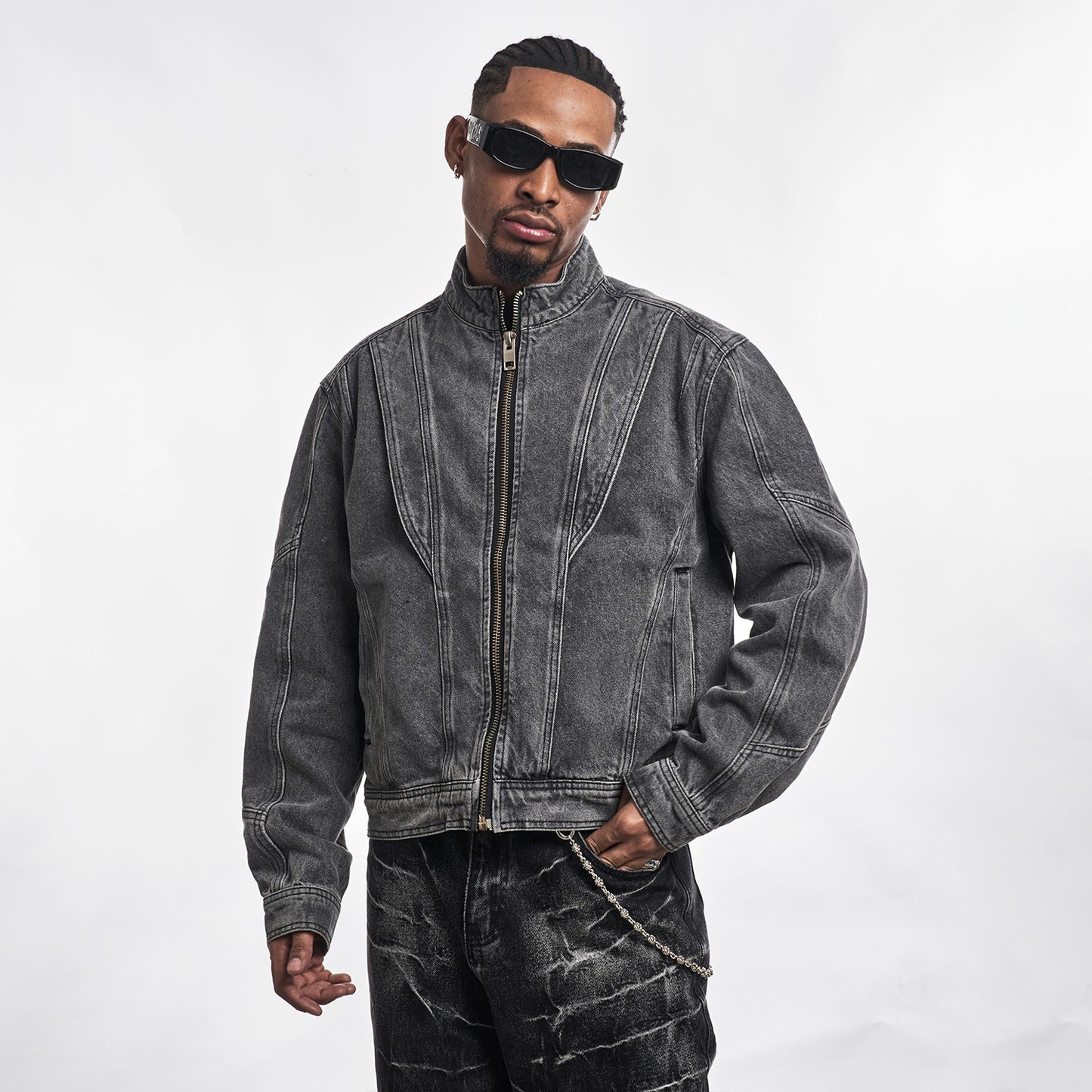 MT99 black and gray split denim jacket for men and women American washed cleanfit high-end line sense loose jacket