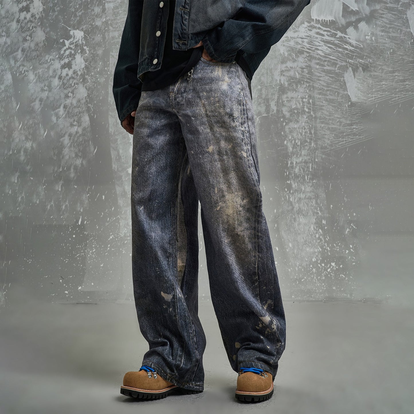 MT99 High Street 3D Graffiti Digital Printing Washed Distressed Jeans Wide Legs Long Legs Dirty Old Blue Straight Pants