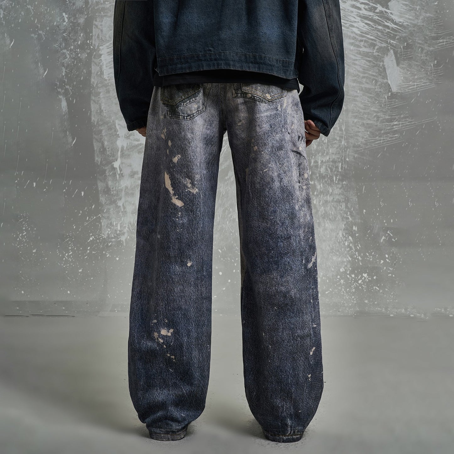 MT99 High Street 3D Graffiti Digital Printing Washed Distressed Jeans Wide Legs Long Legs Dirty Old Blue Straight Pants