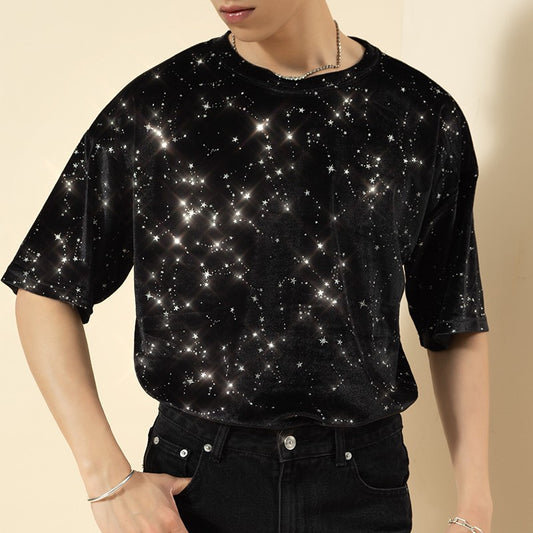 CLP constellation sequin print short-sleeved T-shirt men's versatile loose trendy personality fashion light luxury hip-hop trendy brand Douyin