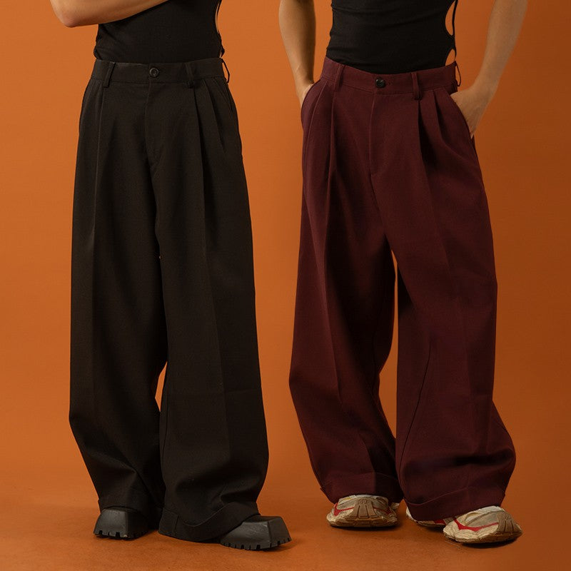 CLP black and red pleated design wide-leg casual trousers trousers men's loose straight drape curling flared mopping