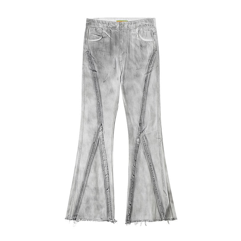 CLP gray and white distressed retro extra-long floor-length jeans for men slim fit straight tube flared scraped high fashion