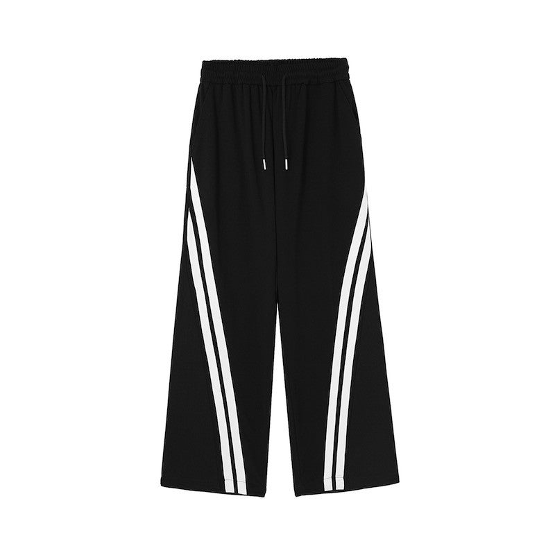 CLP black and white side stripes sports denim splicing casual pants men's elastic waist loose wide leg straight elastic trend