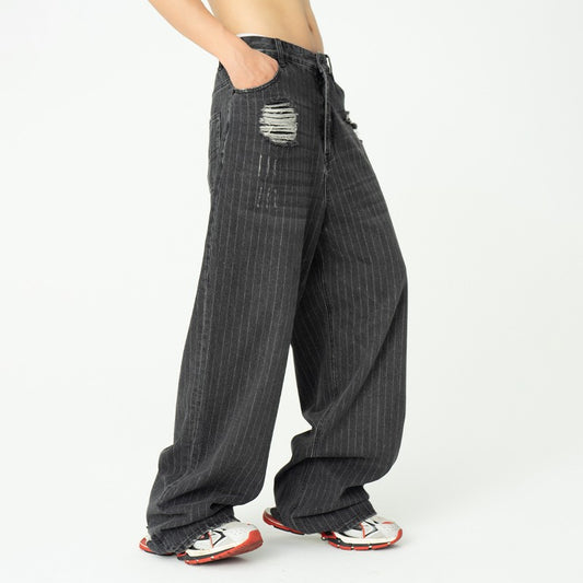 CLP grey ripped baggy striped jeans loose wide-leg straight damaged washed fashionable trousers