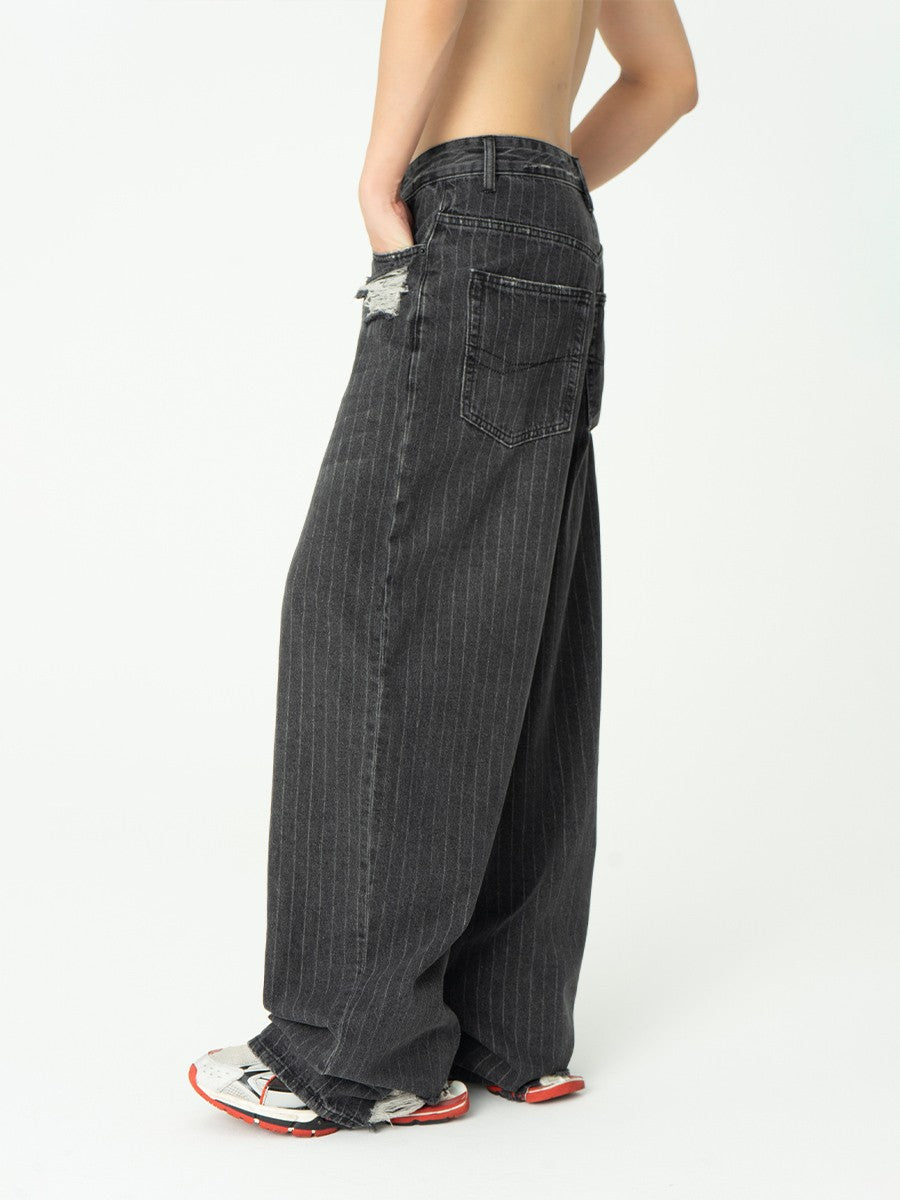 CLP grey ripped baggy striped jeans loose wide-leg straight damaged washed fashionable trousers