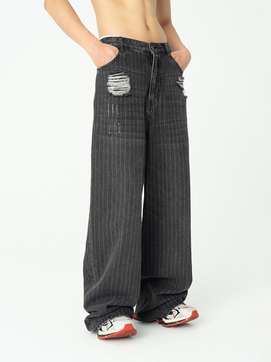 CLP grey ripped baggy striped jeans loose wide-leg straight damaged washed fashionable trousers