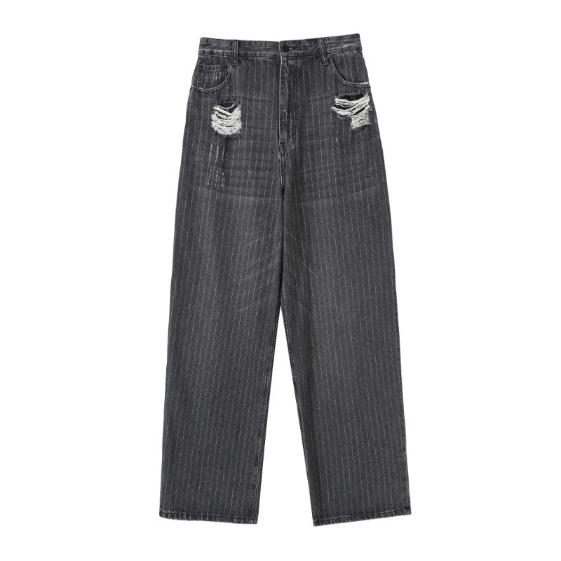 CLP grey ripped baggy striped jeans loose wide-leg straight damaged washed fashionable trousers