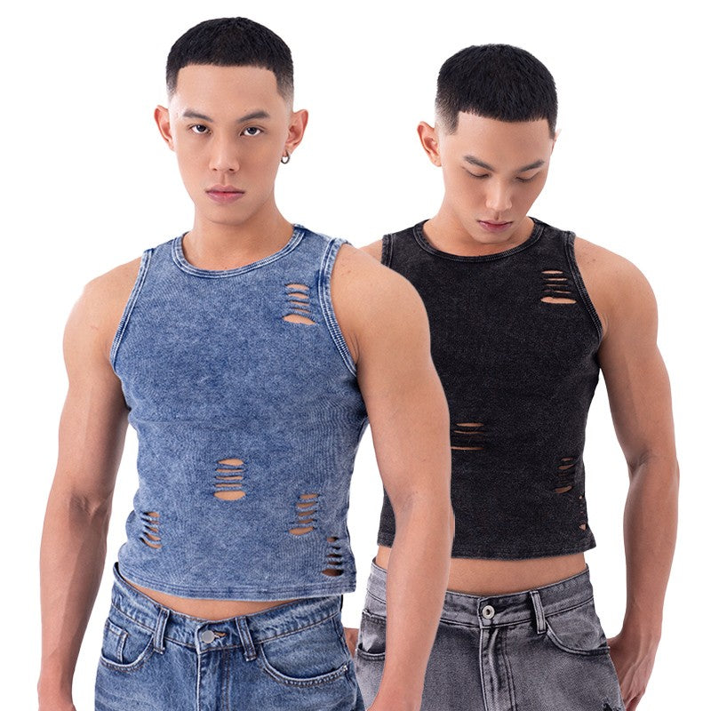 CLP blue and black scratched holes slim fit sports stretch vest men's tight short retro distressed bottoming shirt