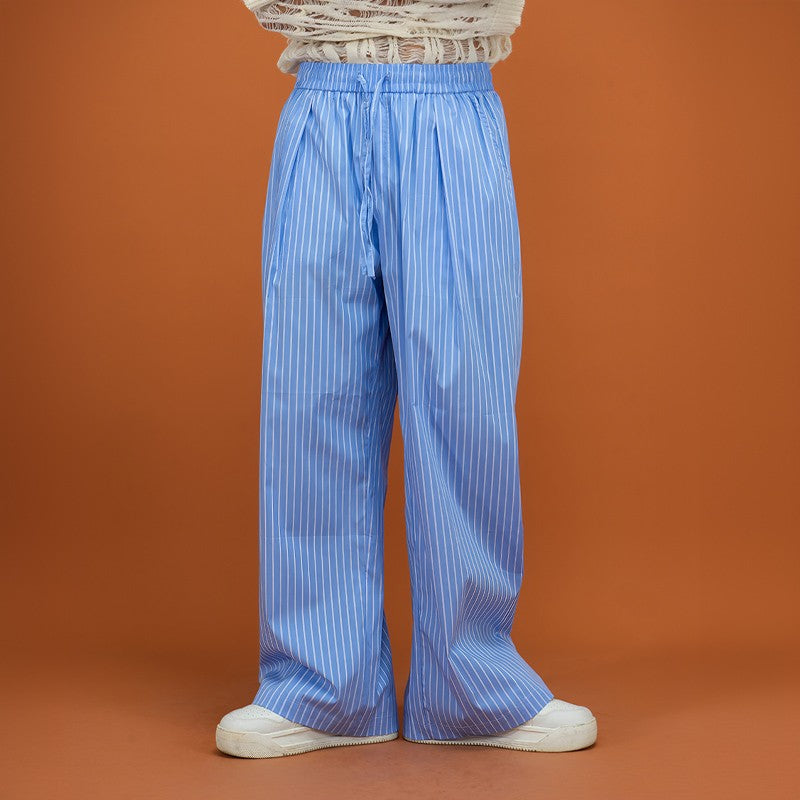 CLP blue and black striped elastic waist drawstring casual pants loose wide-leg straight trousers trendy retro miu pajamas