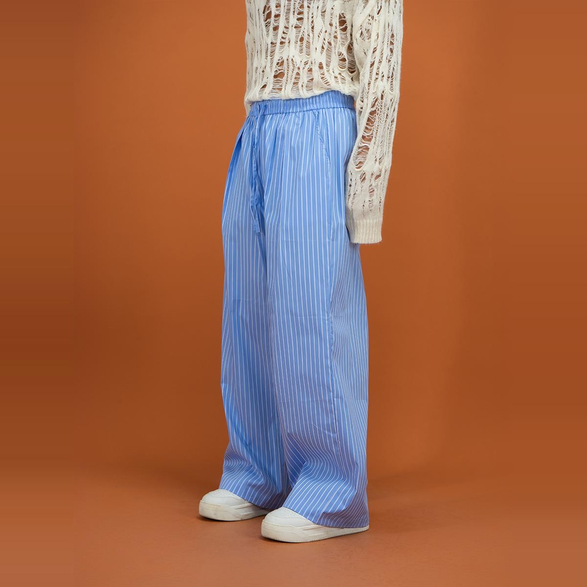 CLP blue and black striped elastic waist drawstring casual pants loose wide-leg straight trousers trendy retro miu pajamas